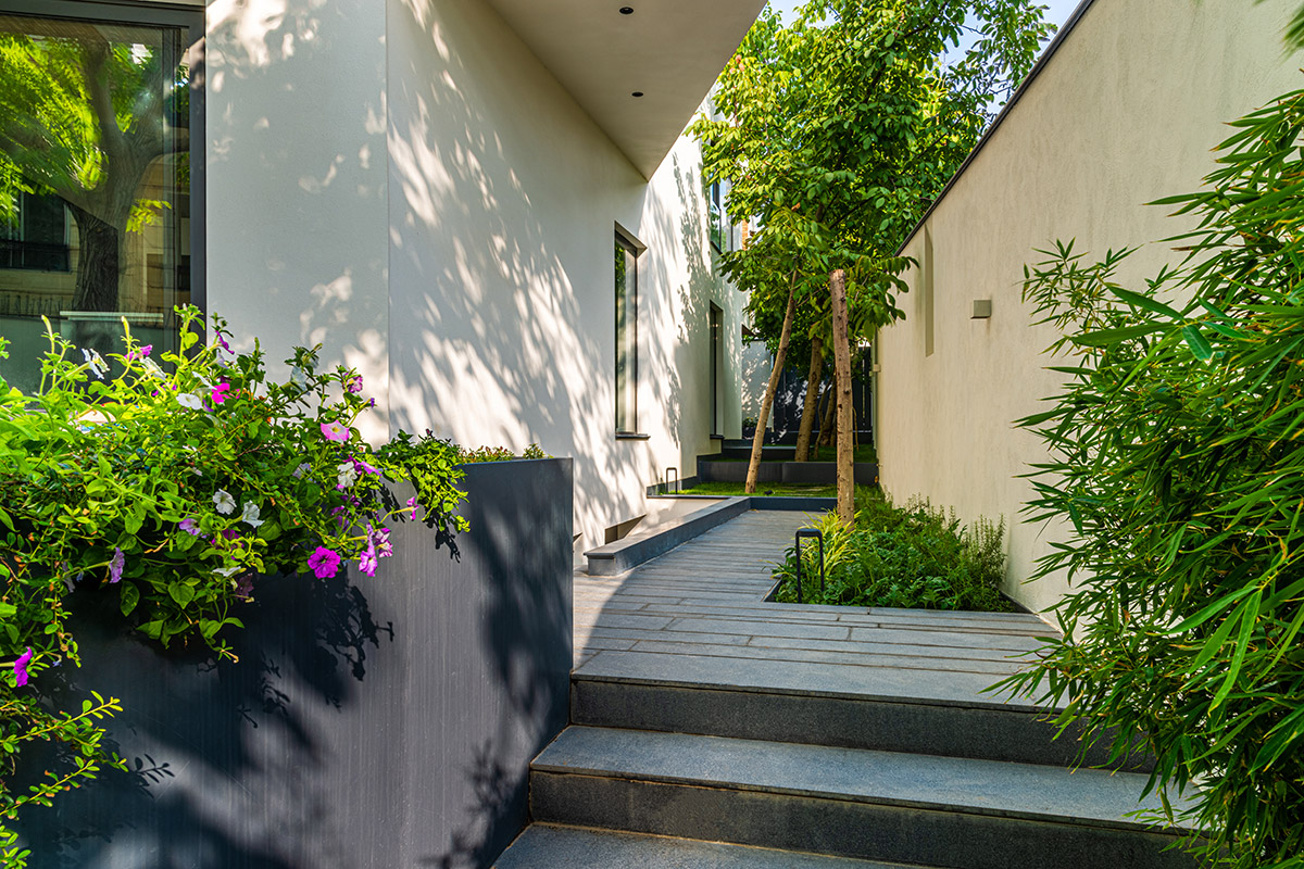 فضای سبز و ورودی پشتی ویلای کاتوزیان با سایه‌روشن‌های طبیعی