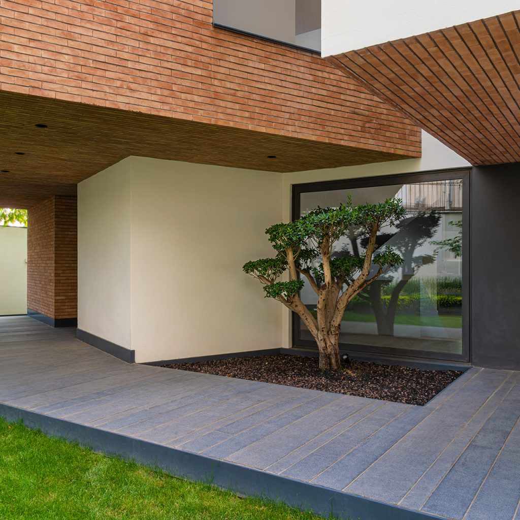 نمایی از درختچه مرکزی حیاط ویلای کاتوزیان در ترکیب با معماری مدرن،