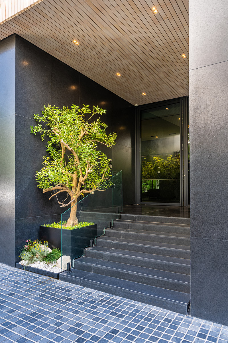 راه‌پله ورودی پروژه لومن با نمایی از درختچه‌ها و طراحی مدرن